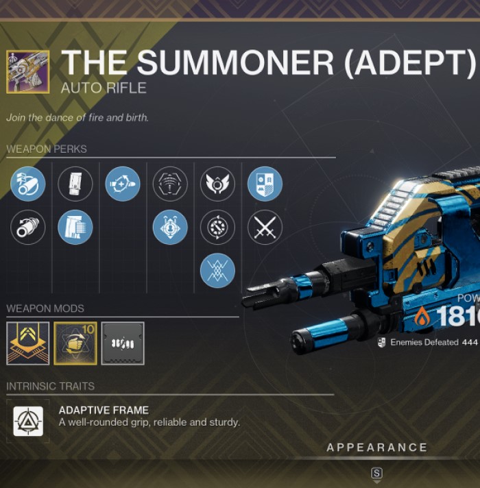 A roll of The Summoner (Adept) 
Arrowhead Brake or Corkscrew Rifling
Extended Mag or Appended Mag
Heal Clip
Target Lock or Onslaught
Wild Card
Handling Masterwork
Minor Spec