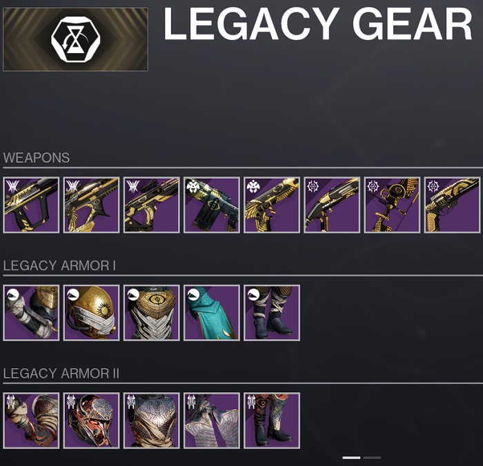 Page 1 of Legacy Gear Tab of Trials Focused Decoding. 
Shows 8 Legacy Trials Weapons and 2 Legacy Hunter Trials Armor Sets